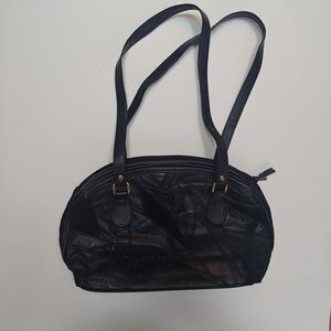 Vintage Leather Patchwork Black Shoulder Bag  Faux Leather Trim 3 Compartments